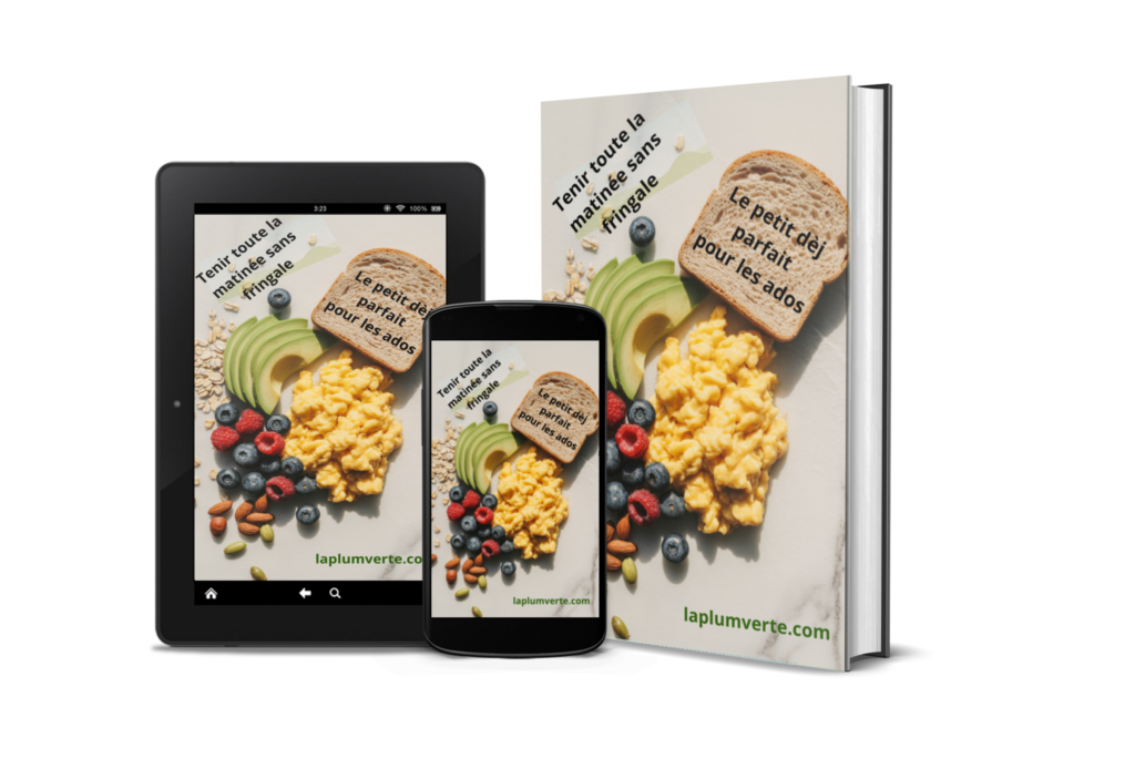 Présentation numérique de l'ebook sous forme de mockup''le petit dèj parfait pour les ados''. Format PDF, tablette et mobile.