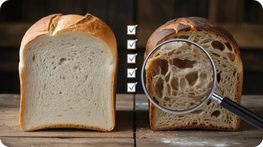 Comparaison entre un pain industriel et un pain artisanal fait a levain. on remarque l'homogénéité du premier et les alvéoles caractéristiques du second, signe de qualité.