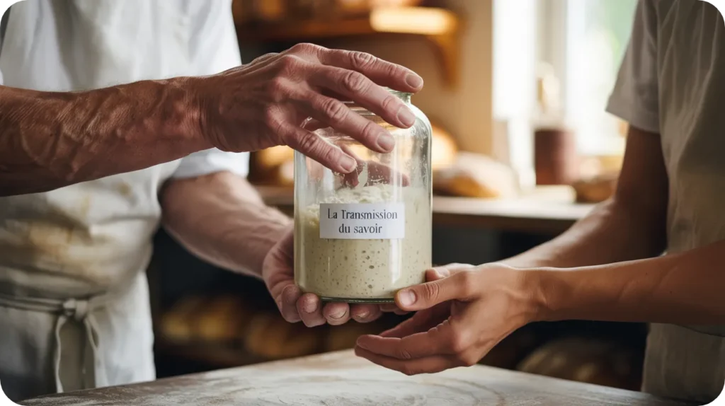La fabrication du pain au levain est une transmission du savoir de génération en génération. Le levain passe du père au fils pour perpétuer l'usage d'un pain de qualité.