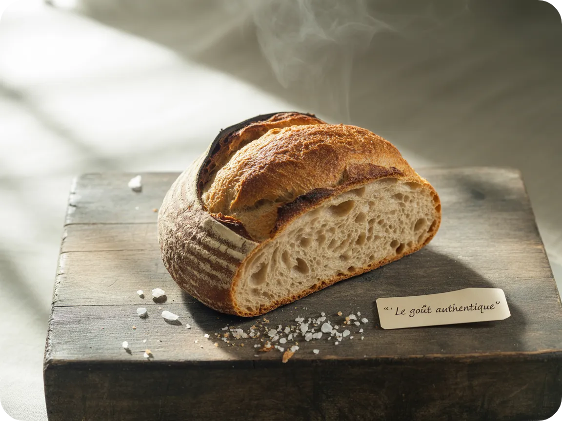 Pain artisanal santé coupé avec des alvéoles de différentes tailles posé sur un socle de bois.