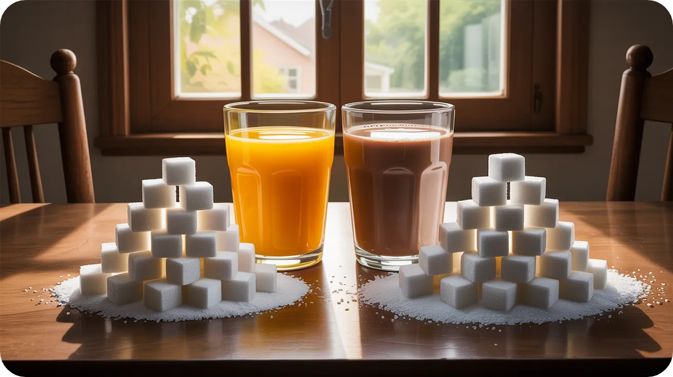 Verre de jus d'orange et verre de lait chocolaté avec l'équivalent en morceaux de sucre empilés devant.
