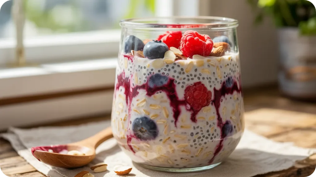 Bocal d'overnight oats (porridge froid) aux fruits rouges et graines de chia, préparé la veille.