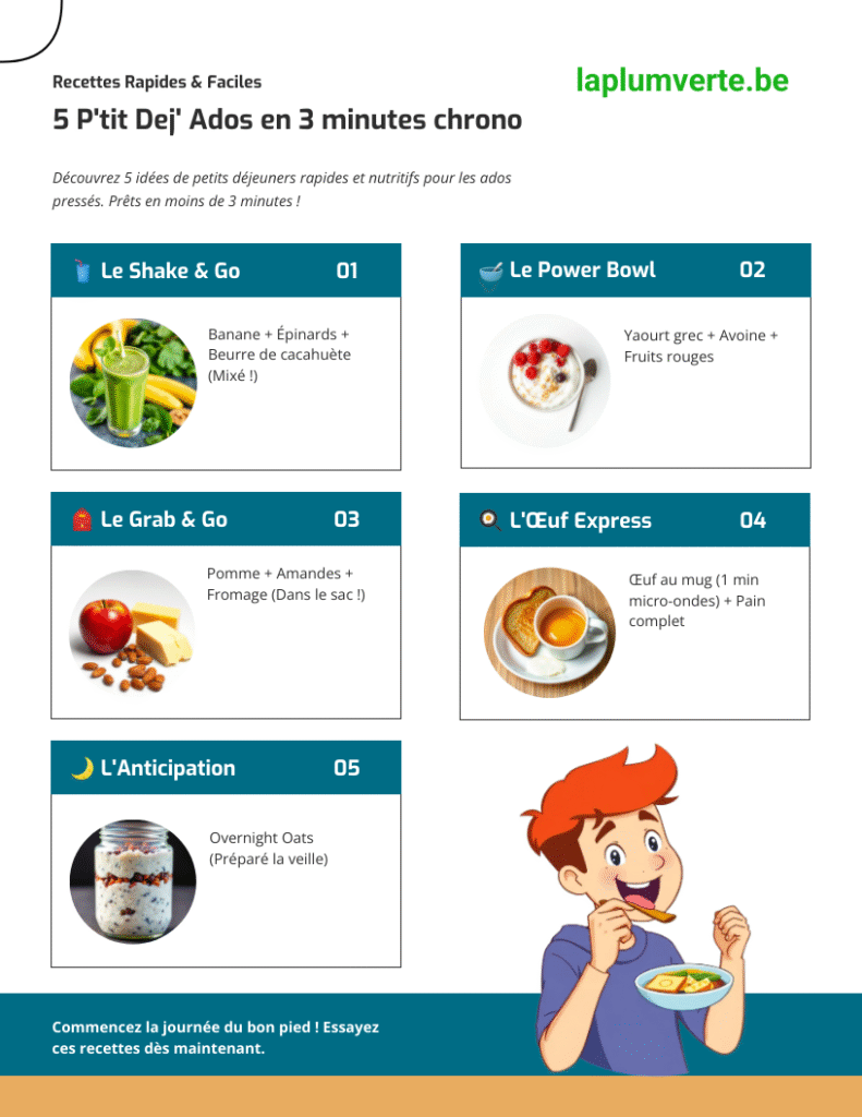 Infographie résumant 5 idées de petits-déjeuners rapides et sains pour ados.