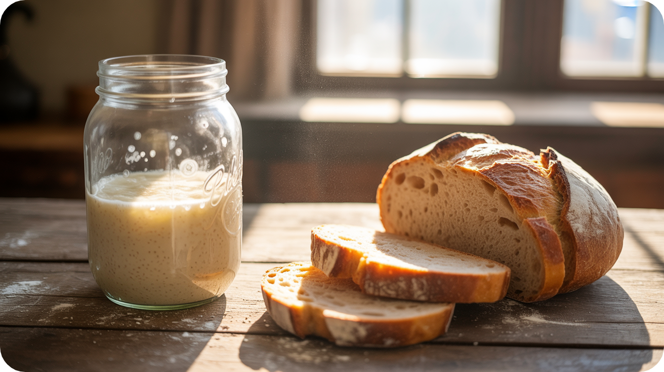 Image qui représente un pot contenant du levain à coté d'un pain artisanal avec des alvéoles de différentes tailles.