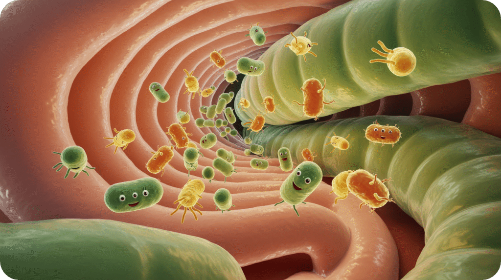 Illustration 3D de l'intérieur de l'intestin et du microbiote, zone impactée par le gluten du pain industriel.