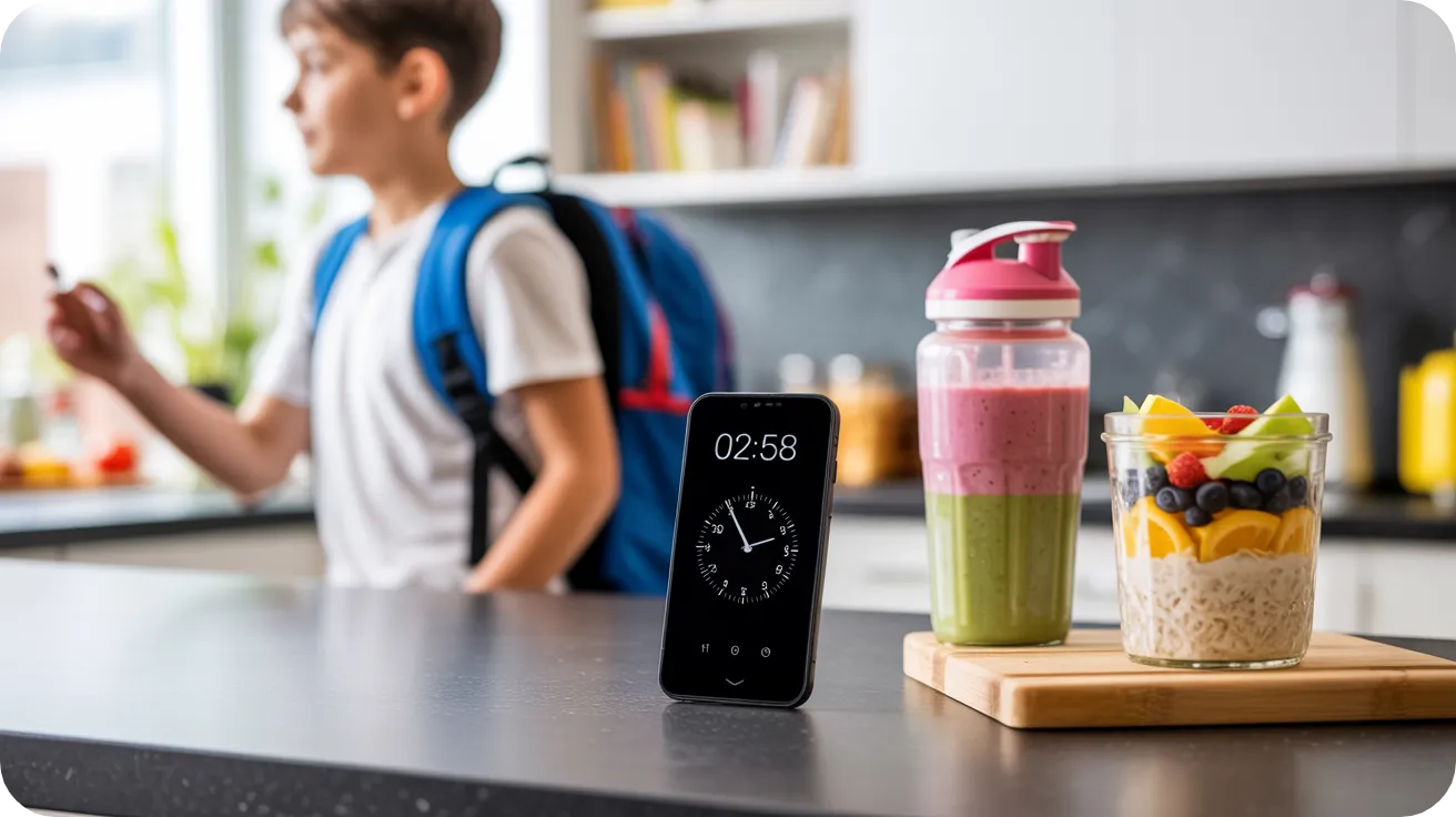 Smartphone avec chronomètre devant un petit-déjeuner rapide et sain, ado prêt à partir à l'école en arrière-plan.