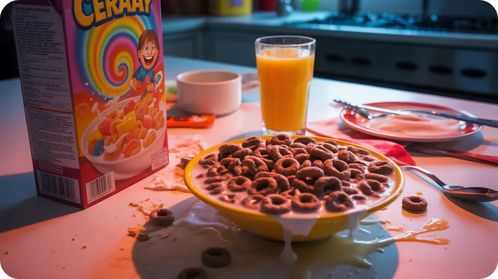 Un petit-déjeuner typique d'ado : bol de céréales au chocolat très sucrées et un verre de jus d'orange, le piège à sucre.