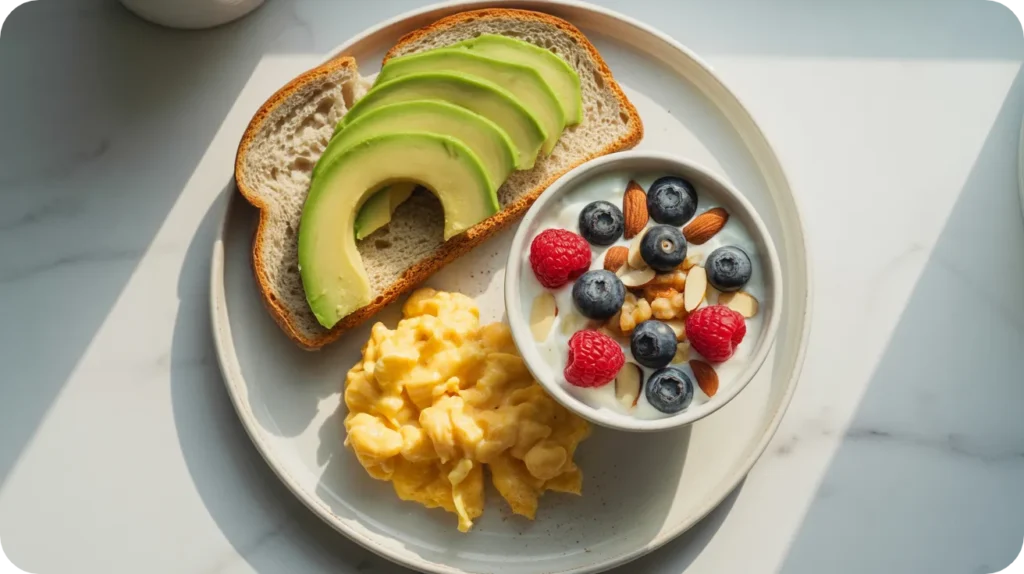 Un petit-déjeuner anti-fringale : œufs brouillés, avocat sur pain complet et yaourt aux fruits rouges et noix.