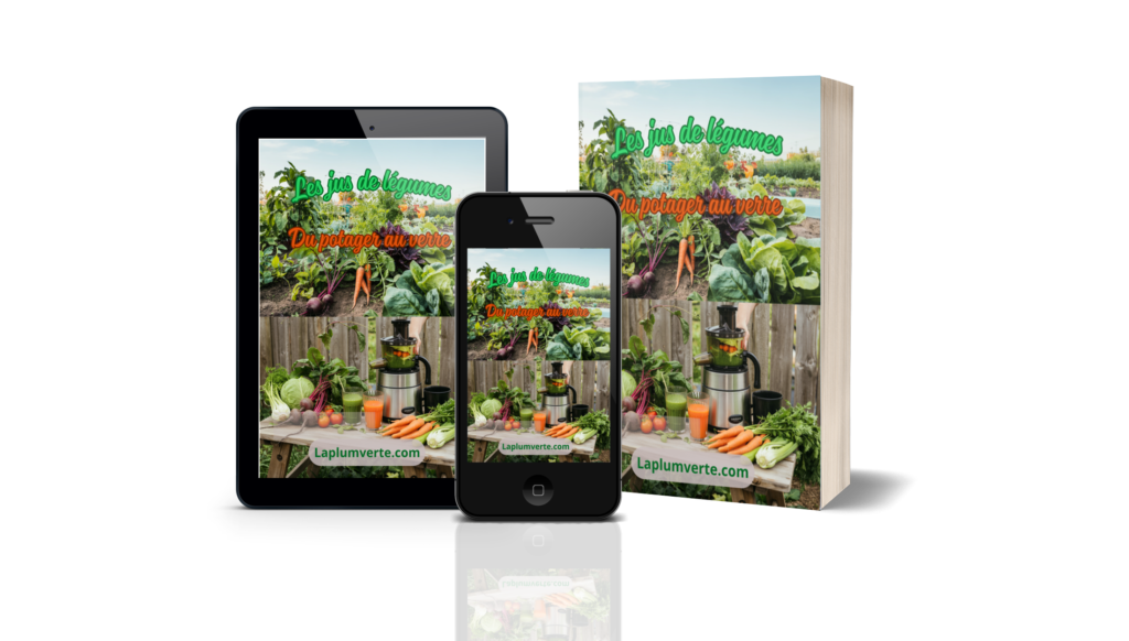 Image mockup représentant l'ebook sur les jus de légumes en format ebook, tablette et smartphone