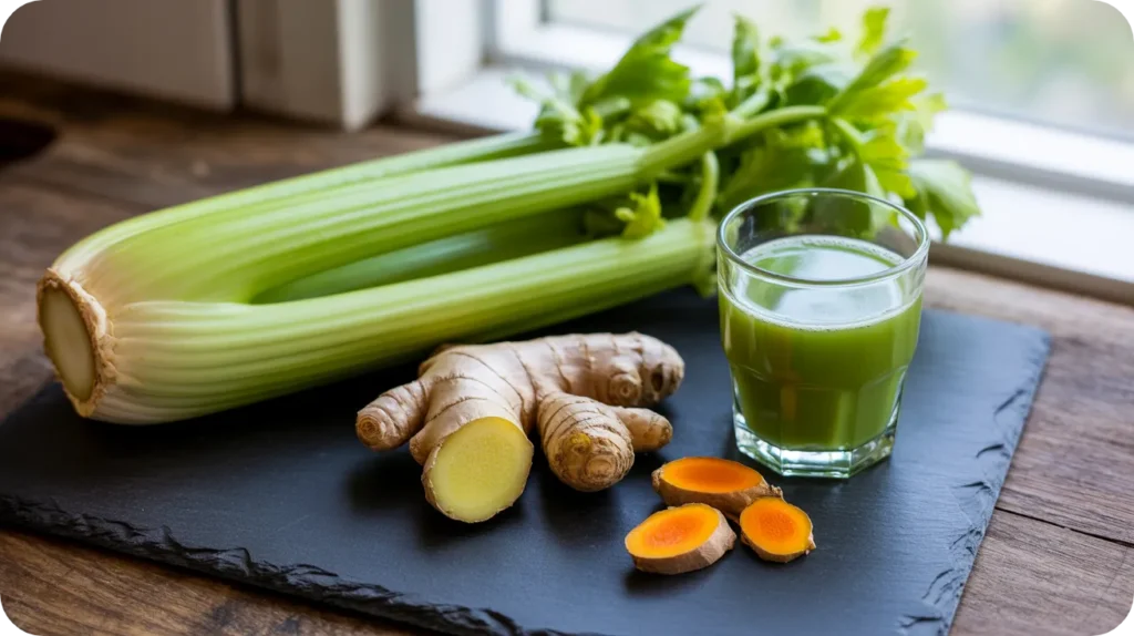 Jus de céleri branche, gingembre et curcuma pour aider à dissoudre les cristaux d'acide urique et soulager les articulations.