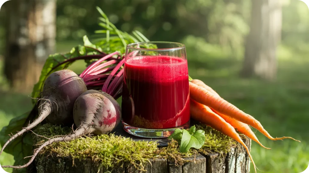 Jus de betterave et carotte pour booster l'énergie grâce aux nitrates naturels et régénérer la peau avec le bêta-carotène."