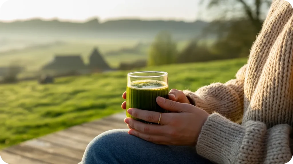 Consommation d'un jus de légumes frais le matin à jeun pour une absorption directe des nutriments dans le sang.