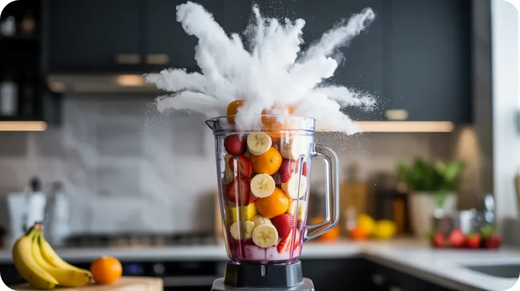 Blender rempli de fruits frais avec explosion de sucre en poudre - illustration du pic glycémique caché des smoothies