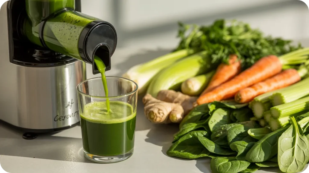 Extracteur de jus versant un jus vert frais dans un verre entouré de légumes - carottes céleri épinards gingembre