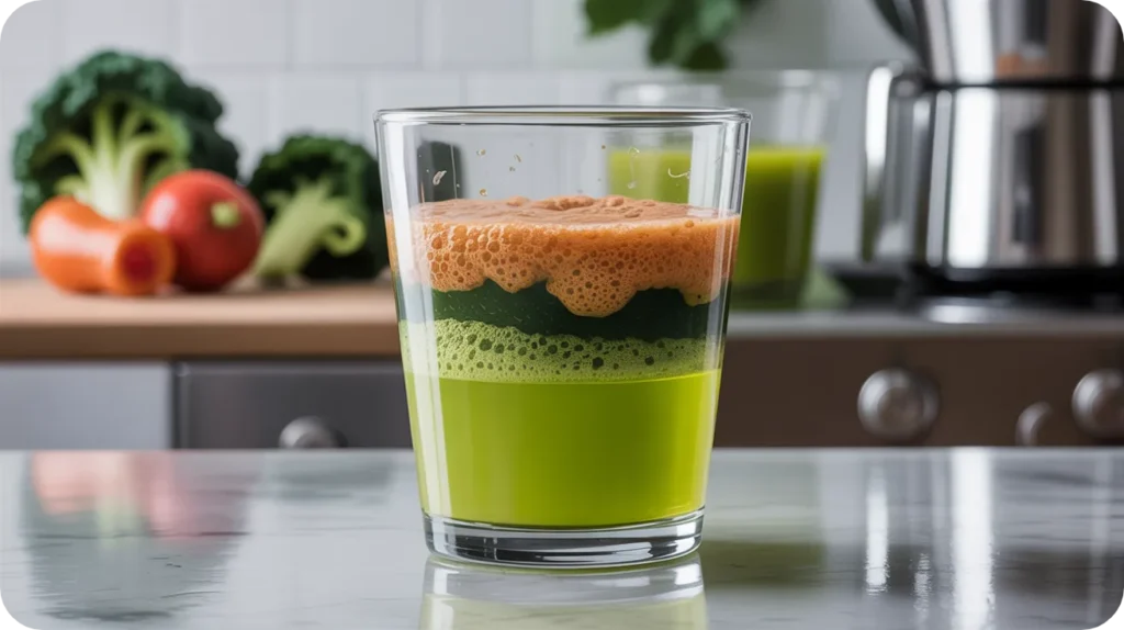 Verre de jus de légumes oxydé avec séparation de phase et mousse, typique d'une centrifugeuse ou d'une mauvaise conservation.
