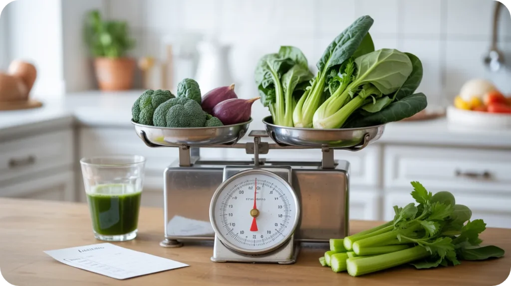 Légumes verts sur une balance de cuisine illustrant l'importance du dosage et des précautions pour les jus de légumes.