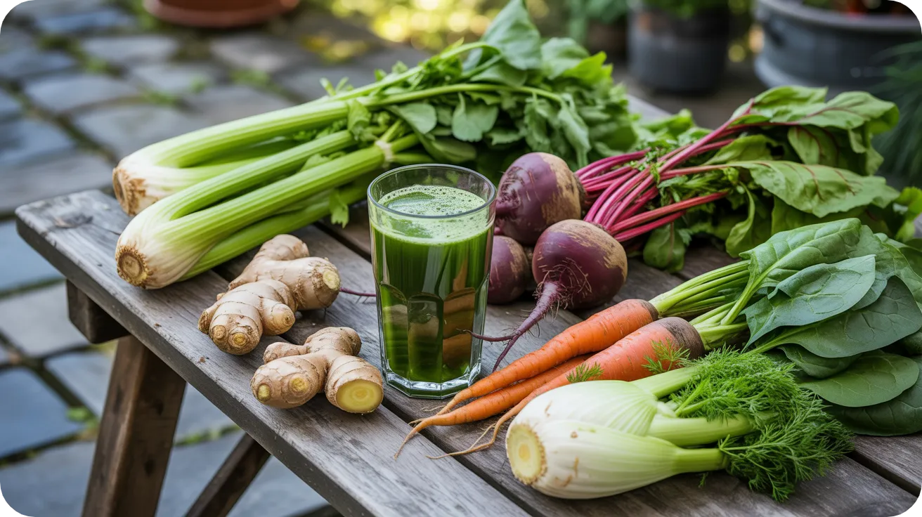 Sélection de légumes frais comme le céleri, la betterave et le fenouil pour créer des jus de légumes thérapeutiques.