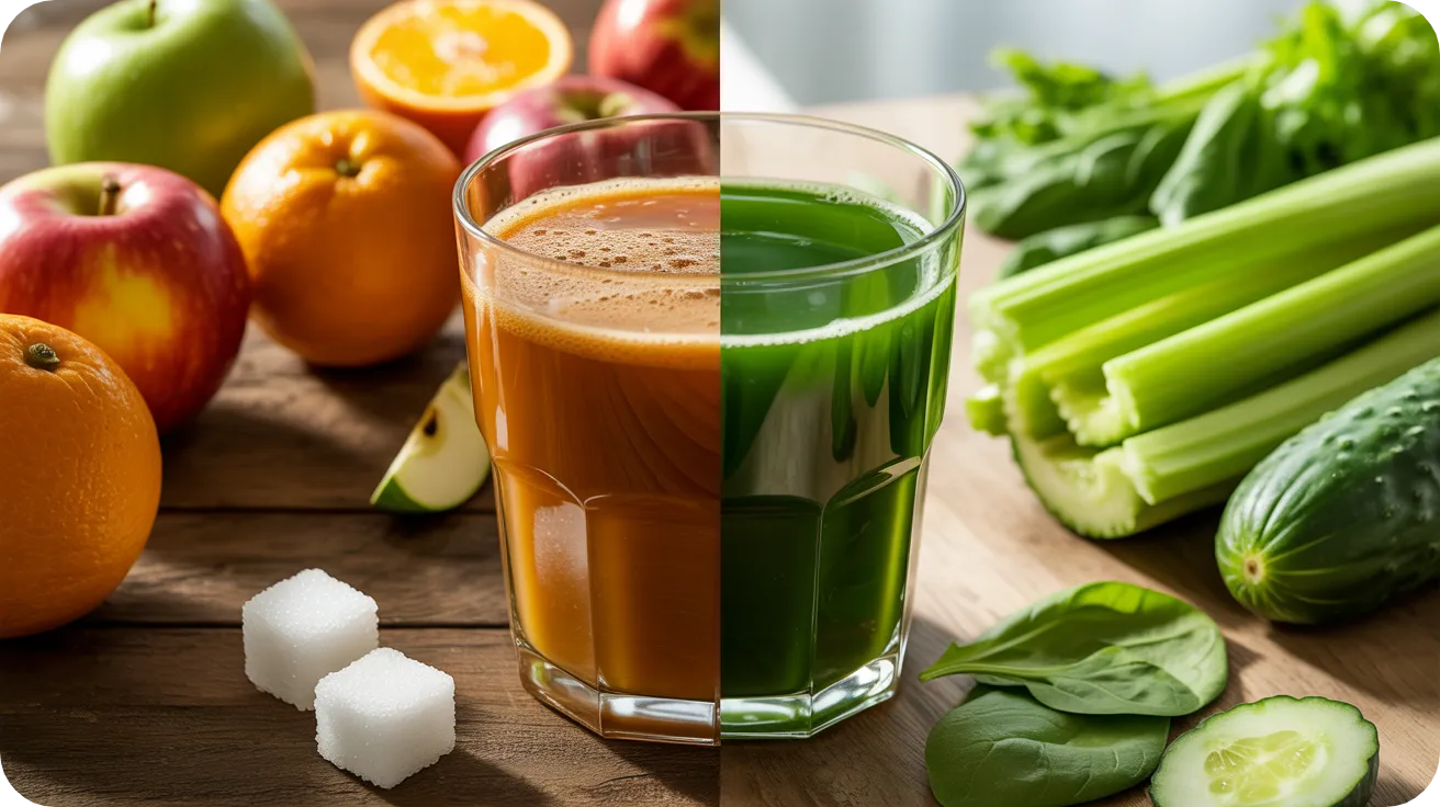 Comparaison entre un jus de légumes oxydé trop sucré et un jus vert santé vibrant extrait à l'extracteur.