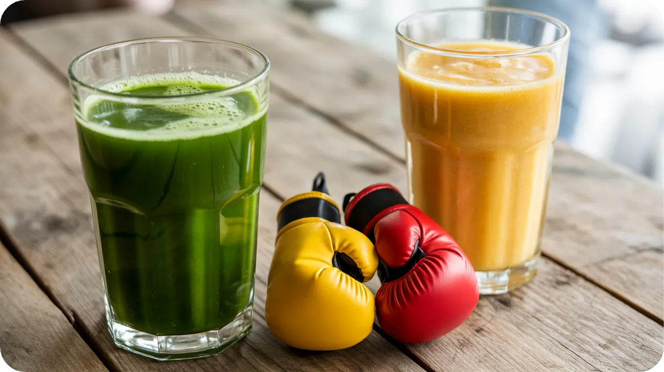 Jus de légumes vert et smoothie orange face à face avec des gants de boxe miniatures sur une table en bois rustique - comparaison jus vs smoothie