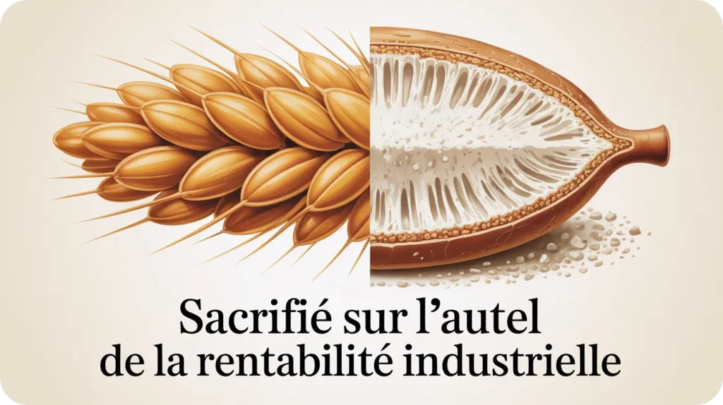 Schéma du grain de blé : le germe (vitamines, minéraux) est retiré dans la farine industrielle, rendant le pain "complet" moins nutritif.
