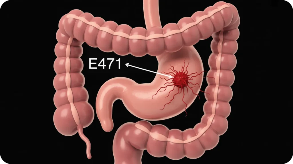 Schéma de l'intestin : comment les émulsifiants (E471) et les FODMAPs du pain industriel sabotent le microbiote et causent des ballonnements.