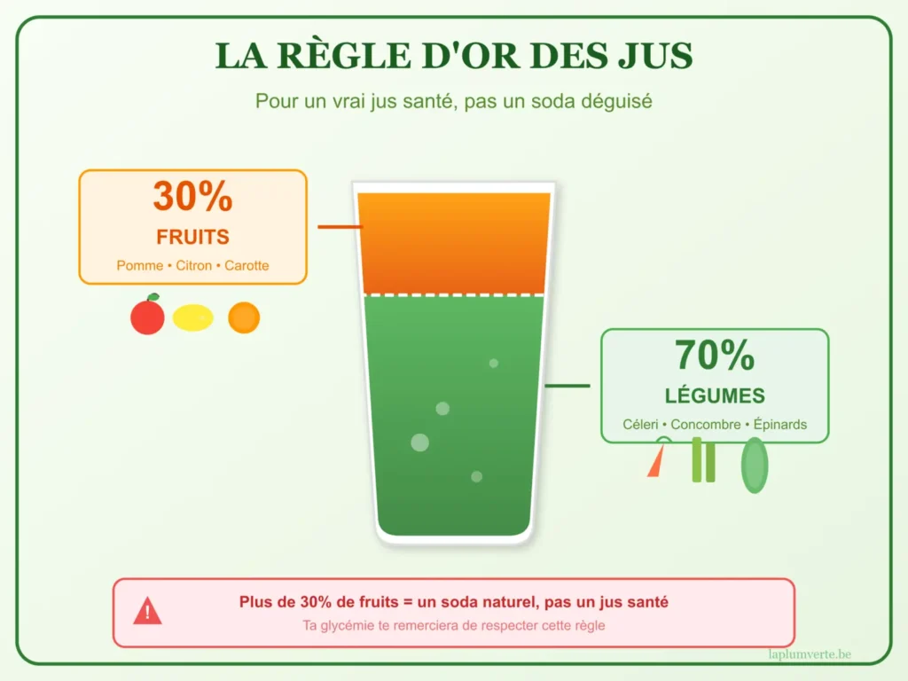 Infographie règle 70-30 jus de légumes : 70% légumes (céleri, concombre, épinards) et 30% fruits maximum pour un vrai jus santé