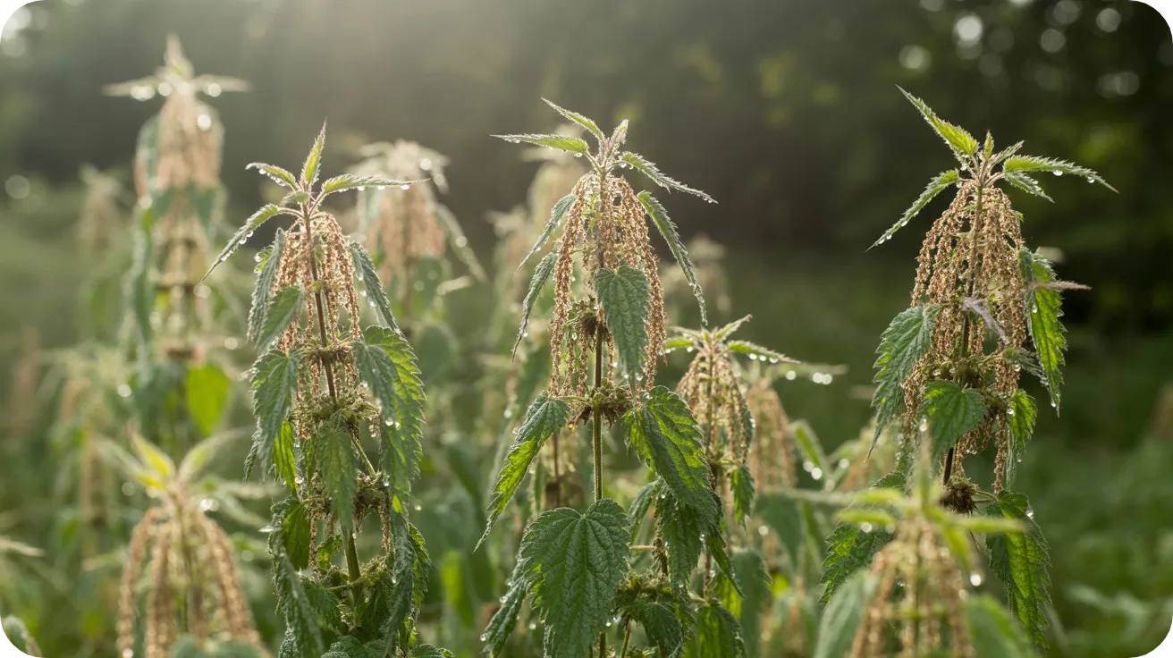 Macrophotographie de graines d'ortie femelle perlées de rosée dans la lumière du matin, prêtes pour la récolte d'automne.