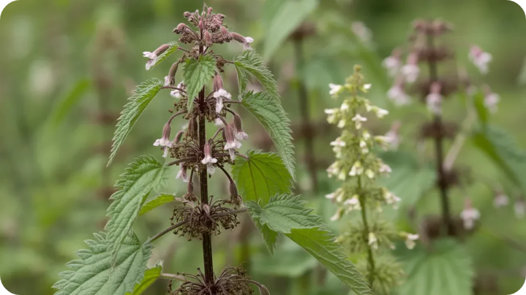 Gros plan d'une tige d'ortie sauvage avec des grappes de graines prêtes pour la récolte automnale.