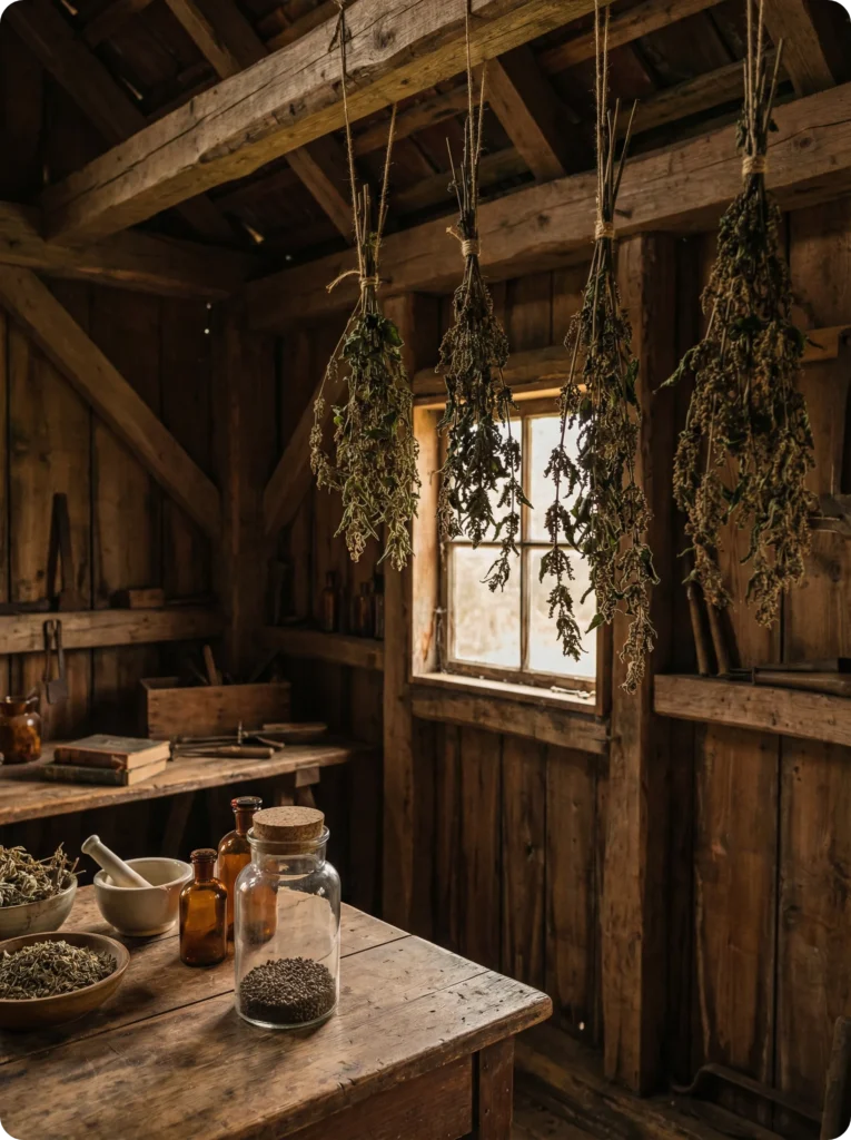 Bouquet d'orties suspendus pour le séchage dans un atelier rustique avec des bocaux en verre et un mortier.