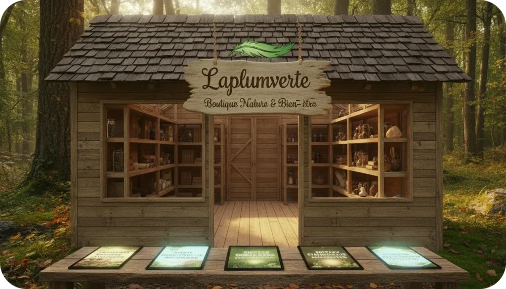 Illustration d'une boutique rustique en bois nommée « Laplumverte Boutique Nature & Bien-être » située dans une forêt ensoleillée, présentant des ebooks sur la santé naturelle.