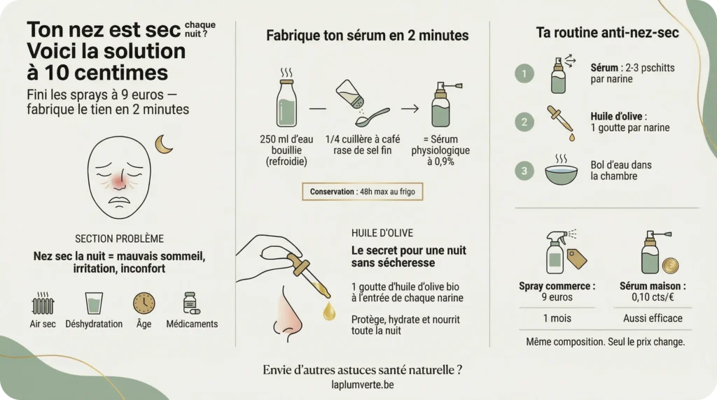 Infographie complète résumant la solution naturelle pour le nez sec : causes, recette du sérum maison, routine en 3 étapes et comparatif de prix.