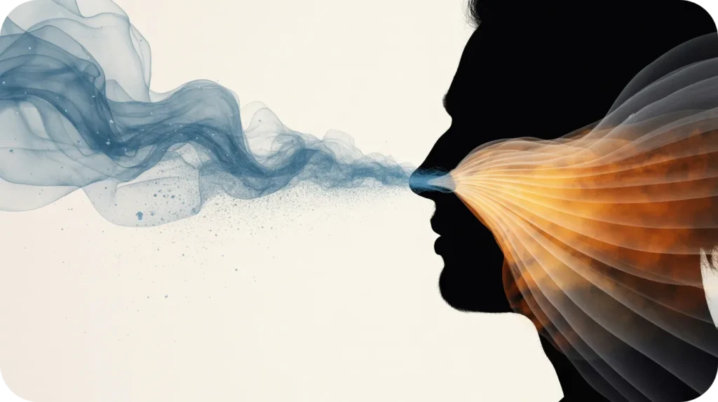 Schéma artistique montrant l'air froid entrant par le nez et se réchauffant dans les fosses nasales.