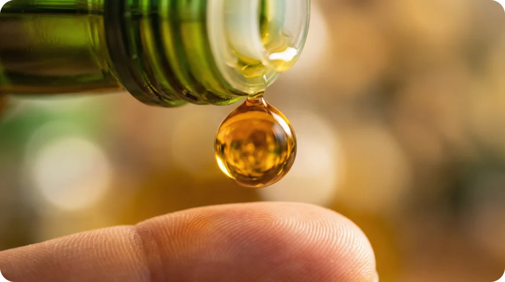 Gros plan macro d'une goutte d'huile d'olive dorée sur le bout de l'index, illustrant l'application nasale pour protéger les muqueuses.