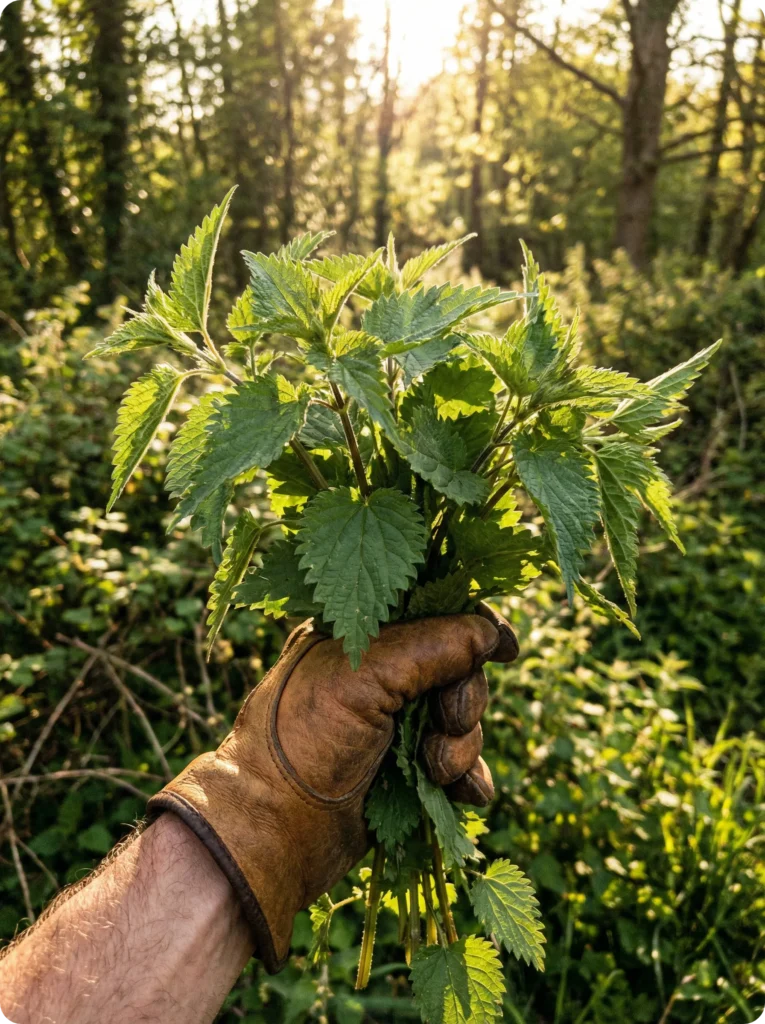 Main gantée cueillant des orties sauvages en forêt pour une recette ancestrale d'ortillette.