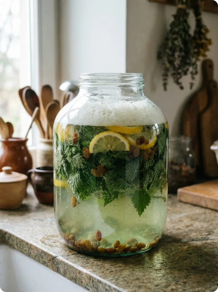 Bocal de fermentation en verre avec orties, citrons et raisins pour fabriquer du champagne d'ortie riche en probiotiques.