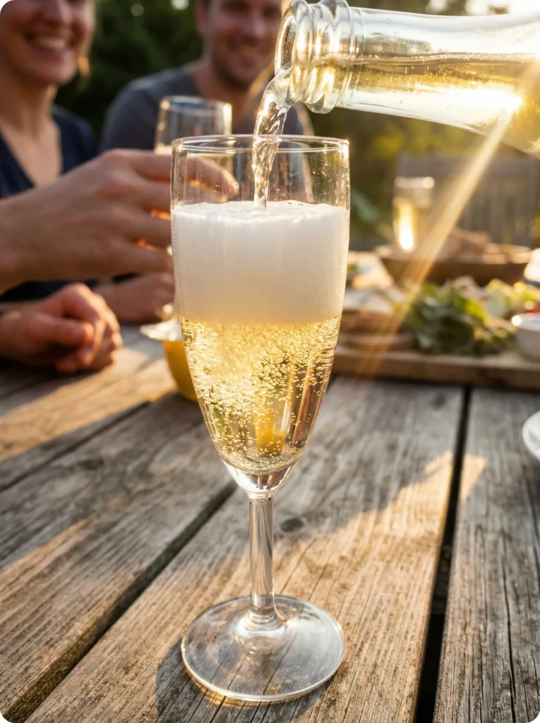 Verre de champagne d'ortie pétillant servi en terrasse lors d'un apéritif naturel et vivant.