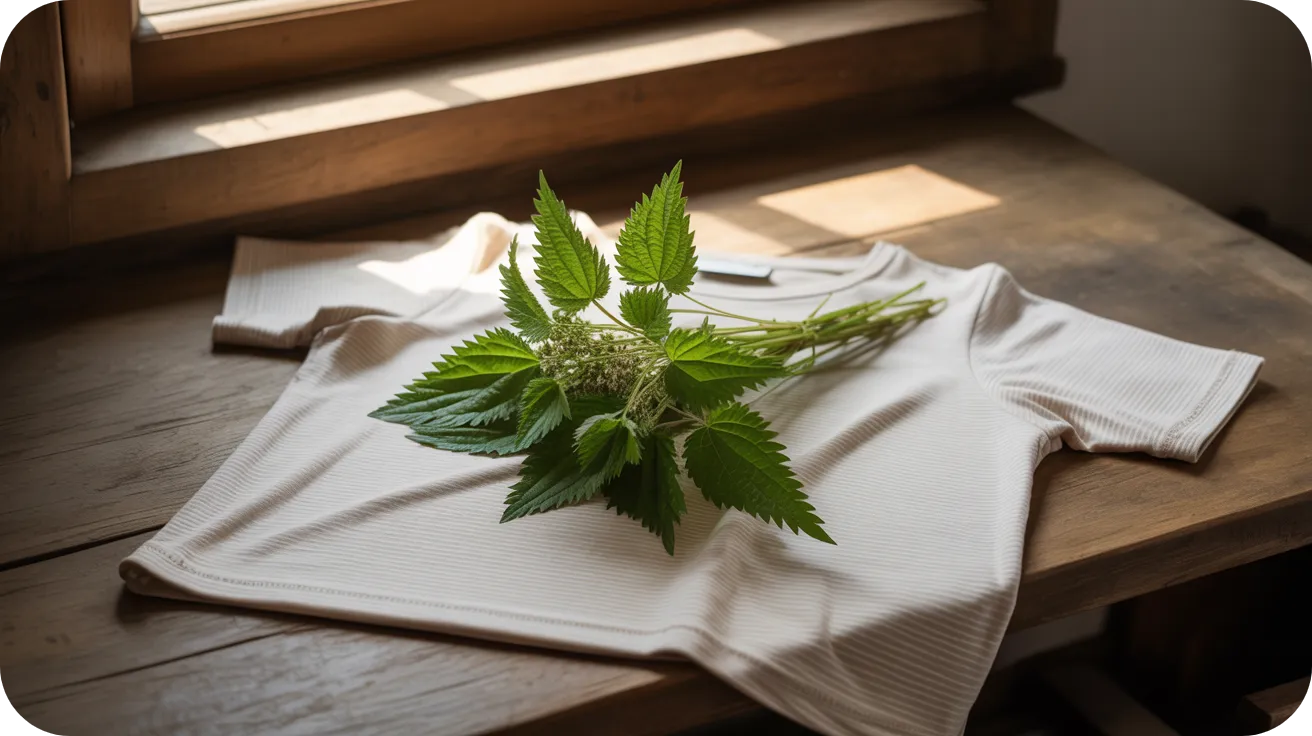 Tshirt conçu à partir de fibres d'ortie étalé sur une table rustique en bois. Un bouquet d'ortie est placé sur le tshirt.