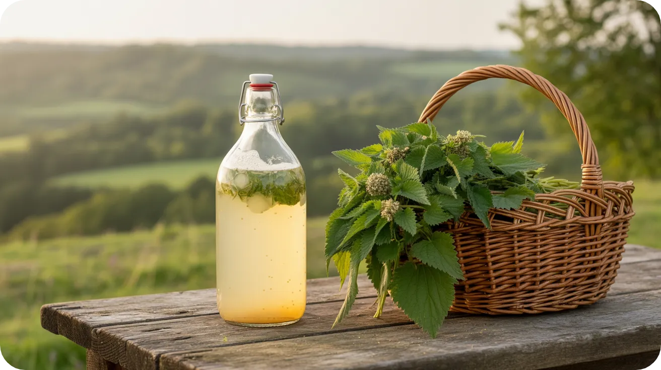 Bouteille de champagne d'ortie artisanal et panier d'orties fraîches devant un paysage de collines ensoleillées.