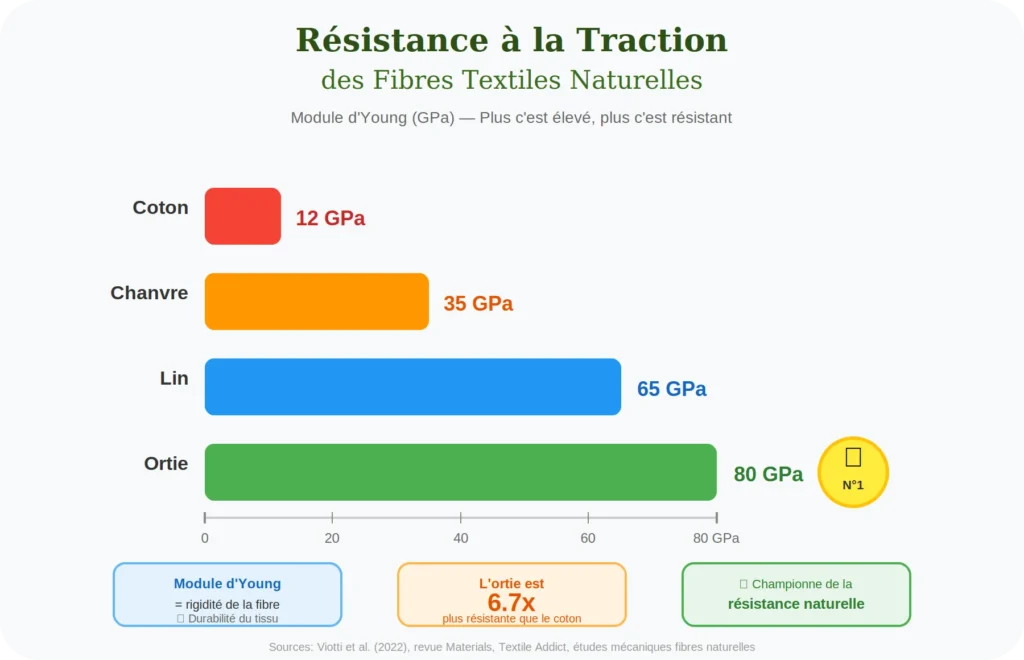 Tableau qui représente la capacité de résistance à la traction des fibres naturelles telles que coton, chanvre, lin et ortie.