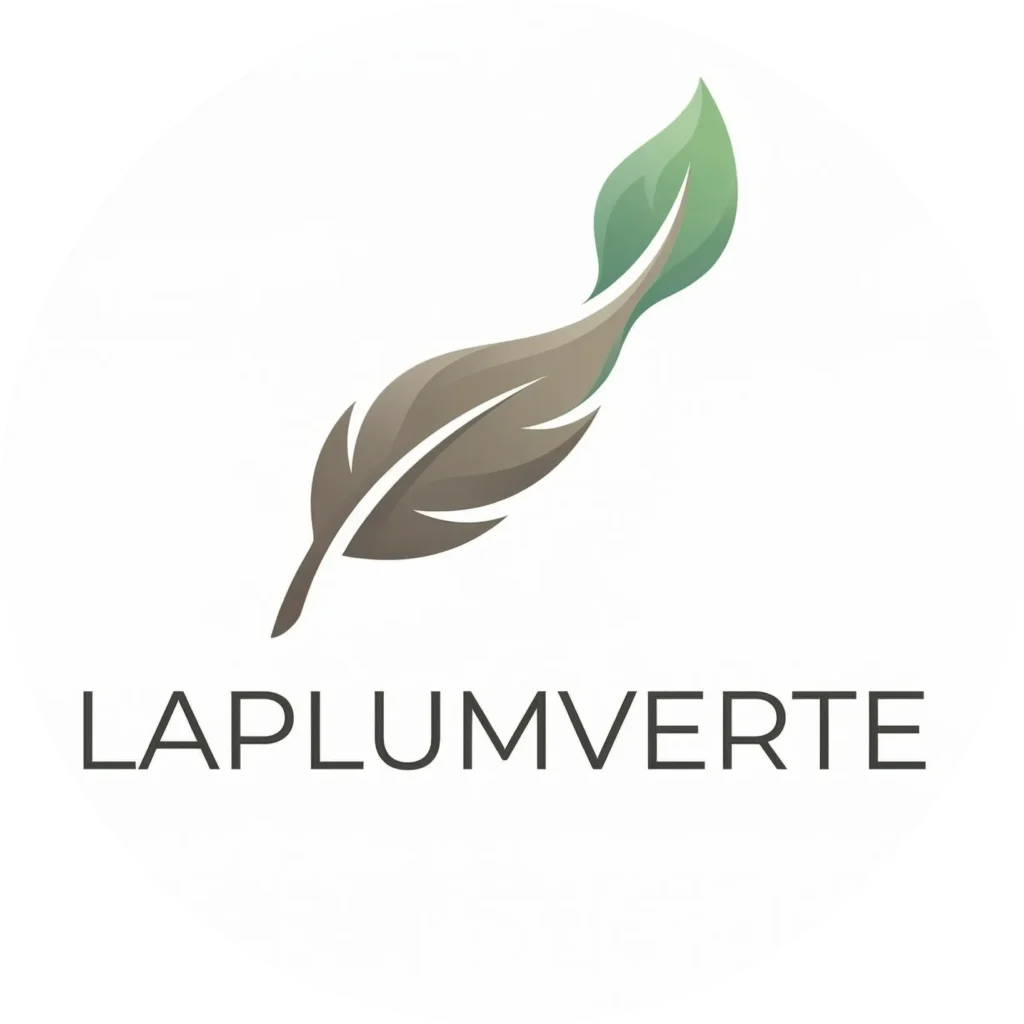 Logo de la plumverte dans un rond sur fond blanc. Le nom ''laplumverte'' est situé sous une plume stylisée.