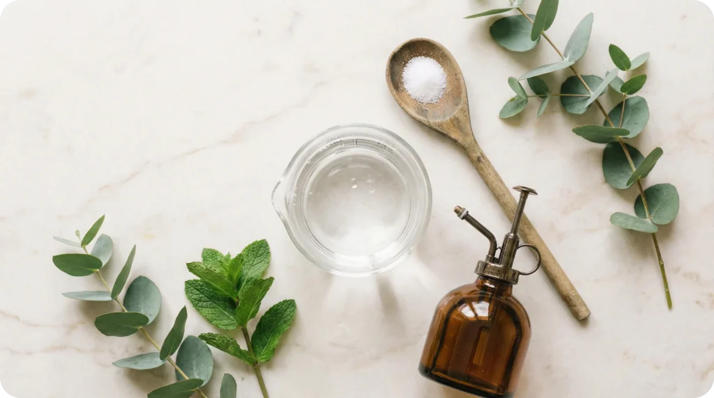 Vue de dessus des ingrédients pour fabriquer un sérum physiologique maison : eau purifiée, sel fin dans une cuillère en bois et flacon spray en verre.