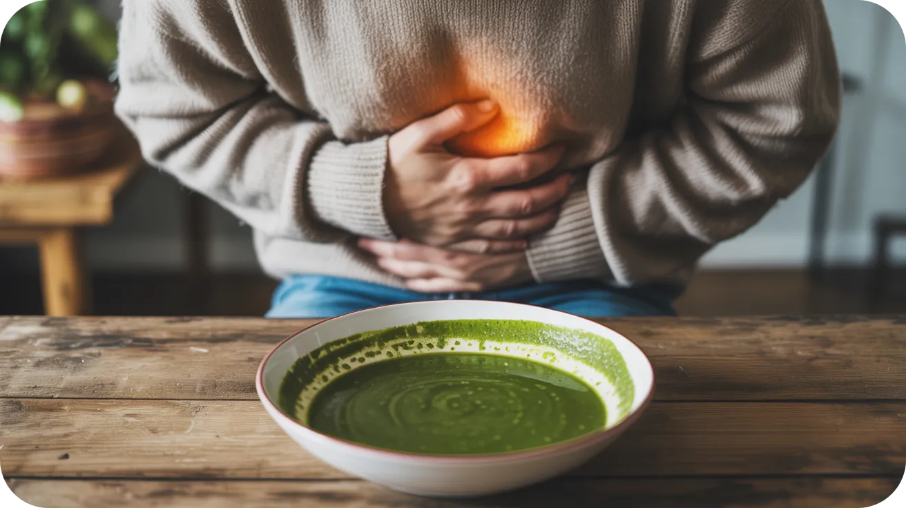 Personne souffrant de brûlures d'estomac et de reflux gastrique devant un bol de soupe verte mixée.