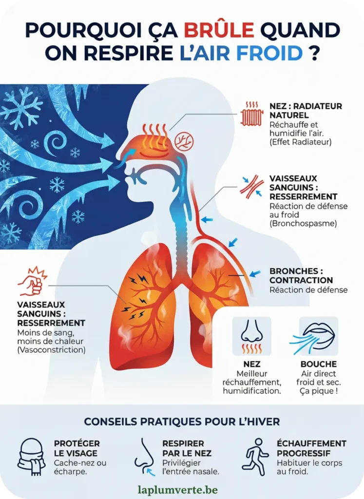 Infographie qui détaille les inconvénients de respirer de l'air froid. Elle donne aussi des conseils pratiques pour éviter ce désagrément.