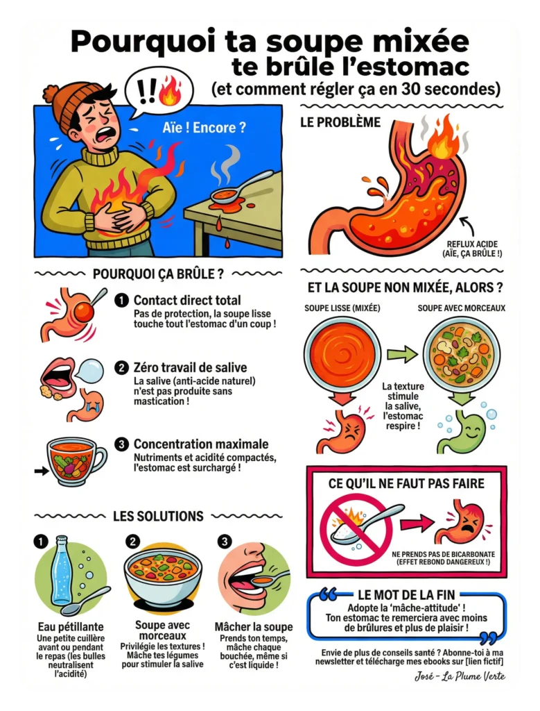 Infographie complète résumant les causes des brûlures d'estomac liées à la soupe mixée et les 3 solutions naturelles de Laplumverte.