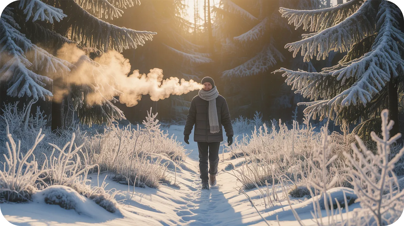 Homme marchant dans une forêt enneigée avec une écharpe, illustrant la respiration par temps froid.