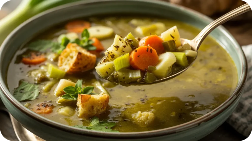 Gros plan sur une cuillère de soupe aux légumes avec morceaux, carottes, poireaux et croûtons.