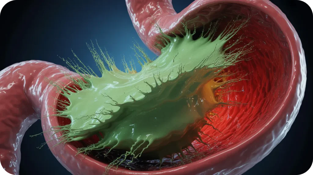 Illustration 3D d'un estomac recevant une vague de soupe liquide qui agresse la paroi gastrique.