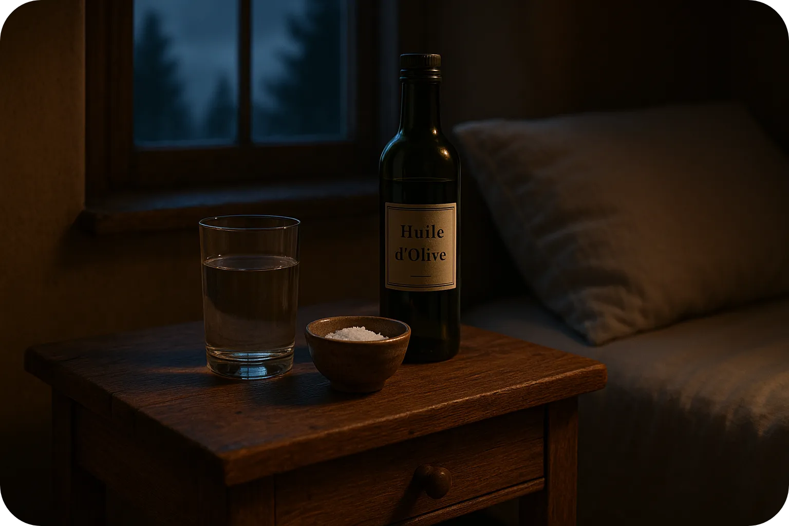 Ambiance nocturne apaisante montrant une table de chevet avec un verre d'eau, un bol de sel et de l'huile d'olive pour soigner le nez sec naturellement.