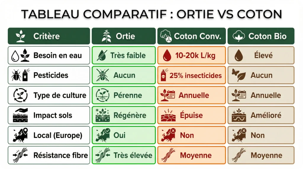 Tableau comparatif ortie vs coton. Les points pris en compte sont: besoin en eau, pesticides, type de culture, impact sols, local et résistance fibre.