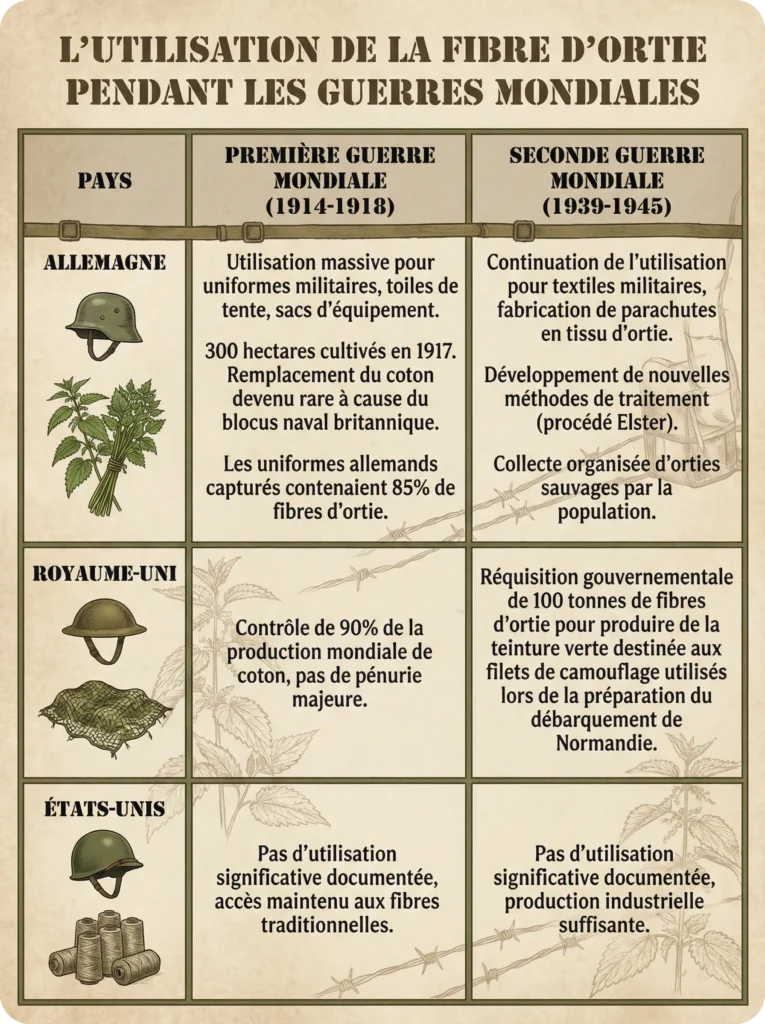 Tableau présentant l'utilisation de la fibre d'ortie durant les deux guerres mondiales par l'Allemagne, le Royaume Uni et les Etats Unis.
